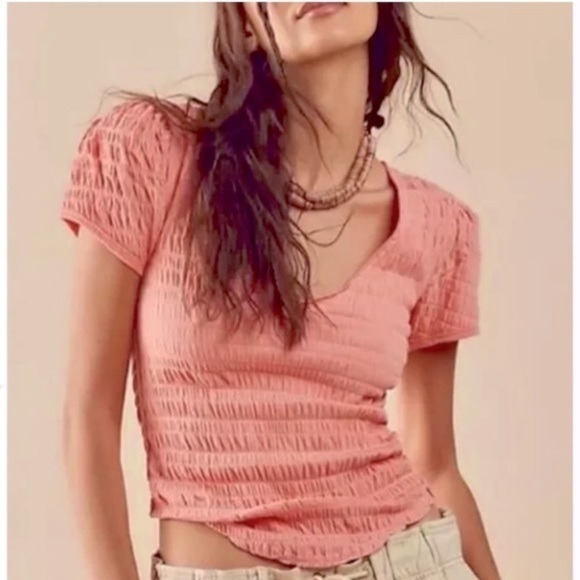 Free People Sugar Cube Womens Tee Shirt coral pink size xsmall smocked - Picture 3 of 8